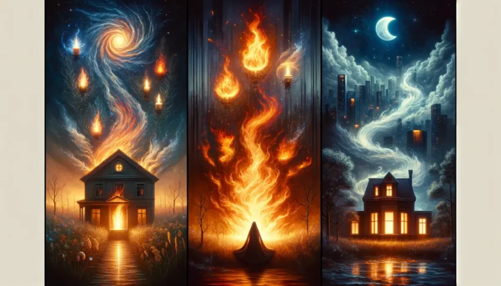 A visual depicting different types of fire in dreams, such as a small flame, a bonfire, and a house on fire, symbolizing various emotional states and life situations