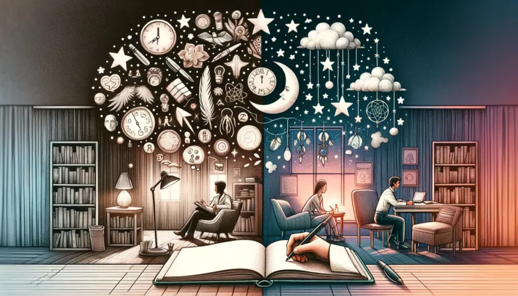 A visual guide on dream journaling techniques and a depiction of a therapy session for dream analysis