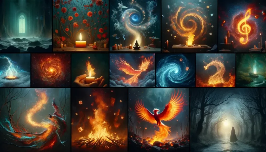A visual montage showing different fire scenarios in dreams, each depicting a unique psychological or emotional state