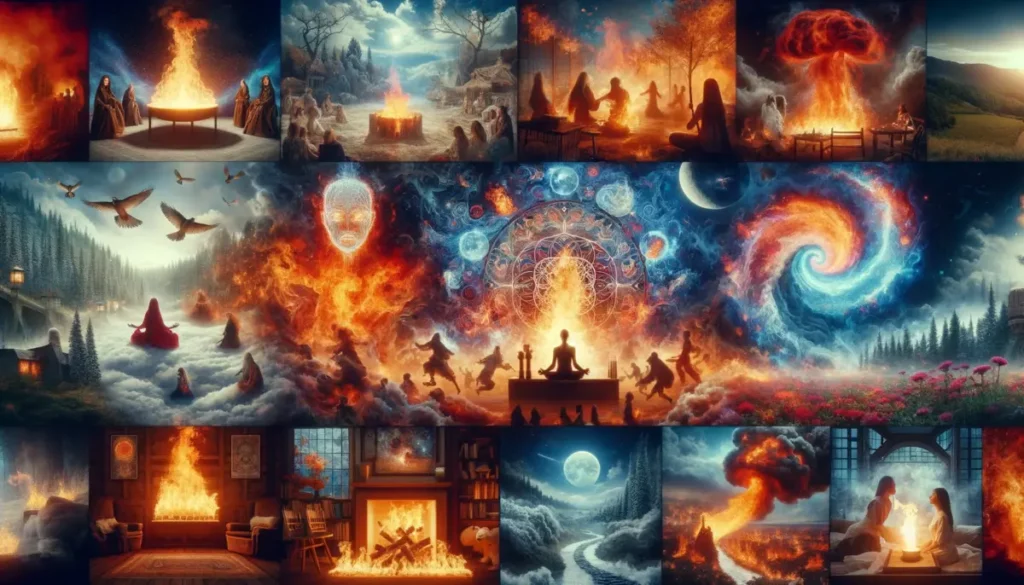 A visual montage showing fire in various cultural and psychological contexts, emphasizing its diverse symbolism in dreams