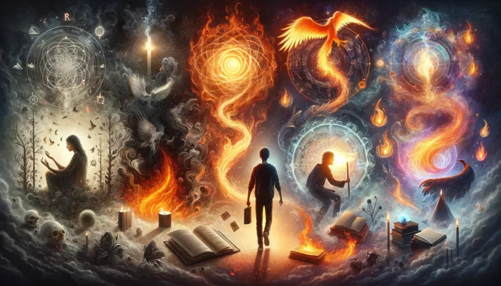A visual representation of personal growth through understanding fire dreams, highlighting key insights and their application in daily life