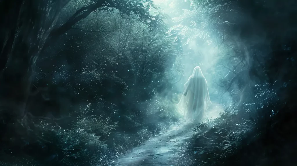 A gentle, guiding ghostly figure amidst a path of light
