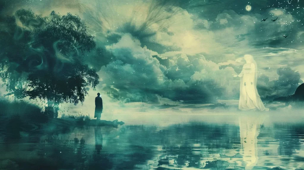 A serene, introspective scene capturing the essence of self-discovery through the metaphor of a ghostly dream