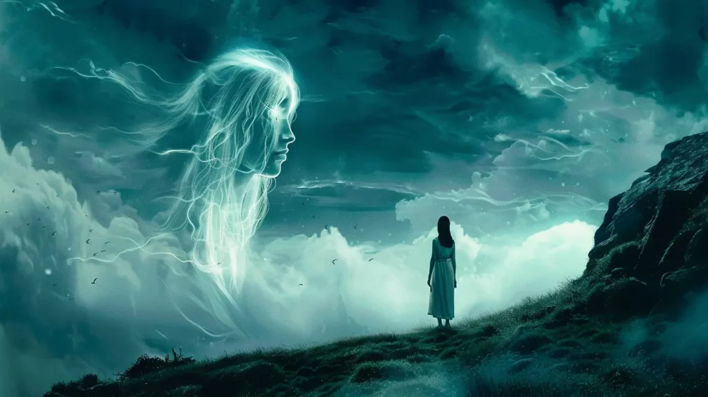 A serene scene where a dreamer stands face to face with a ghost