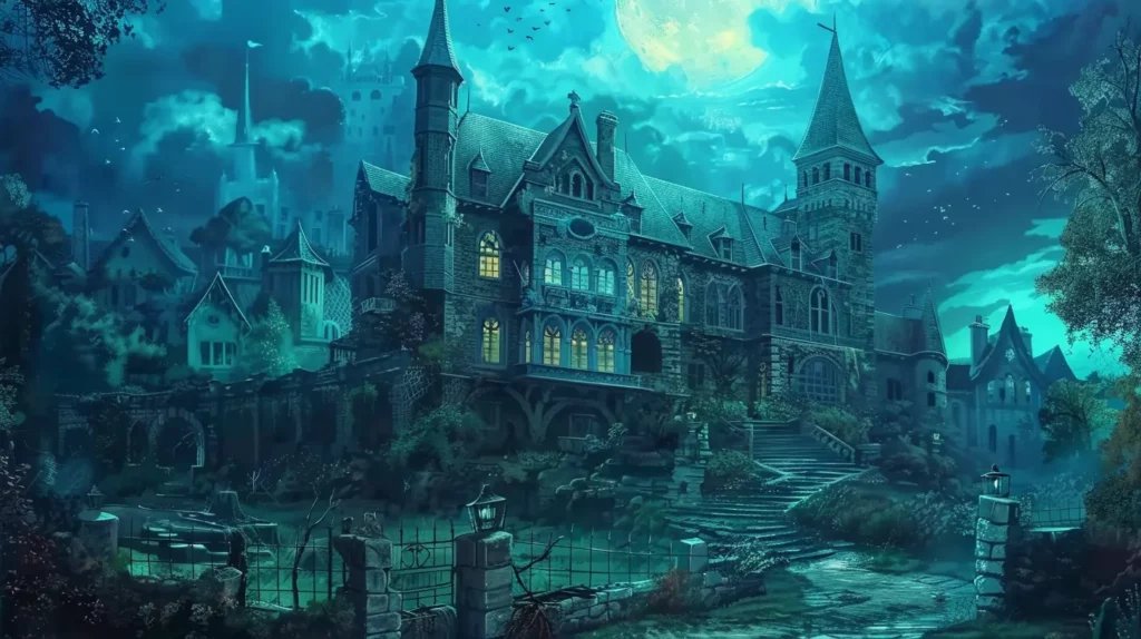 An image capturing the essence of uncovering hidden fears and desires through the metaphor of exploring a haunted house in a dream. The scene is both eerie and enlightening, inviting the viewer to loo