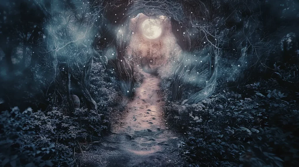 Visualize a serene and hopeful path leading away from a dark, tangled forest representing the journey from fear and bitterness towards healing and peace