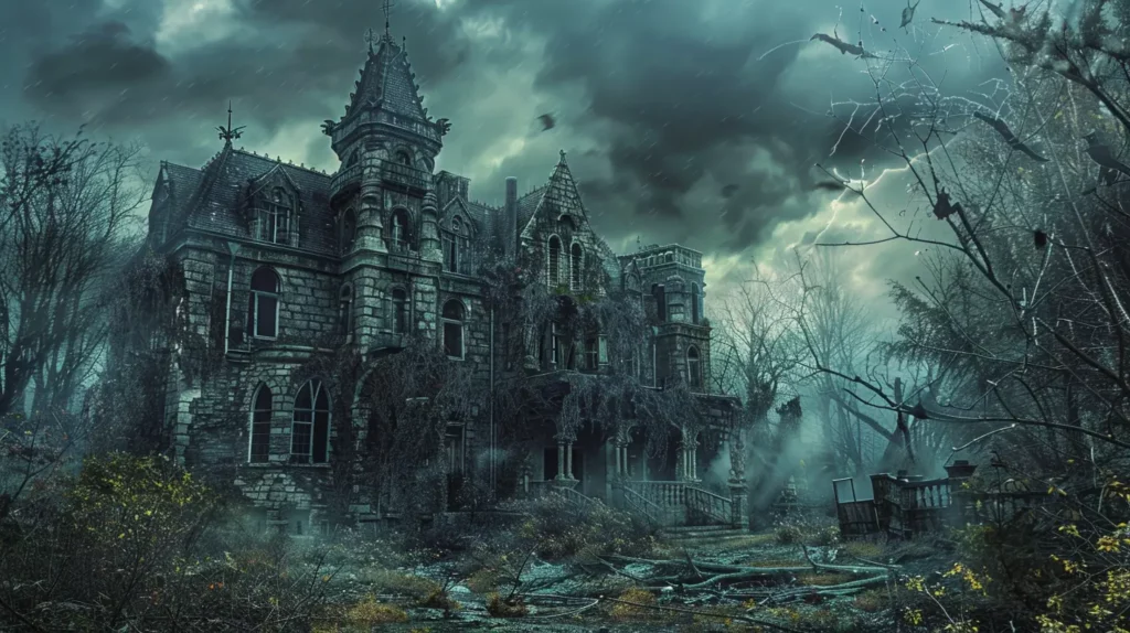 Visualize an image that encapsulates the journey of navigating through a haunted house in a dream